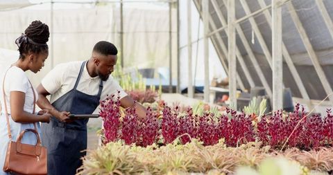 Employee assisting customer in greenhouse with tablet technology
