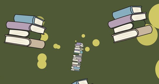 Illustration shows several stacks of colorful books in various positions with glowing spots over green background. It illustrates aspects of education, learning, and imaginative world linked with reading. Perfect for educational content, literacy awareness campaigns, book fairs, library promotions, education programs, and creative design inspiration.