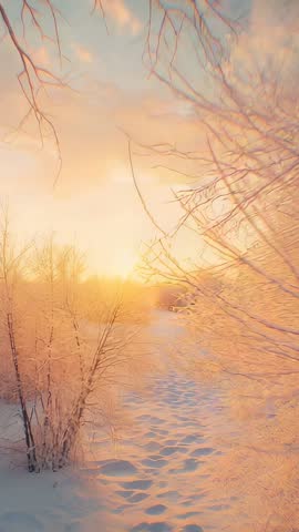 Vertical Dawn Pan Revealing Frosted Trees and Snow Path Through Quiet Winter Woods
