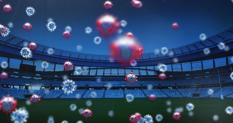 Floating 3D Coronavirus Over Empty Stadium During Pandemic