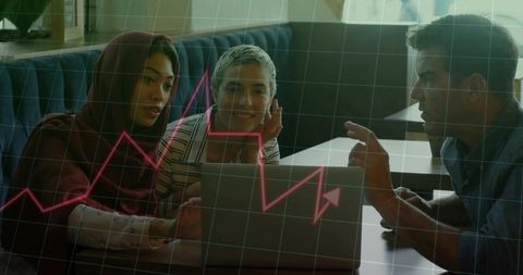 Diverse Team Collaborating on Laptop with Magenta Financial Chart Overlay in Casual Café Booth