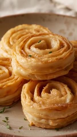 Pulling Back Revealing Stacked Flaky Puff Pastry Spirals Showing Crisp Golden Layers
