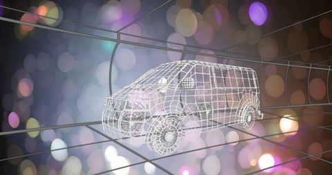 Wireframe cargo van 3d visualization rotating in perspective grid with bokeh lights