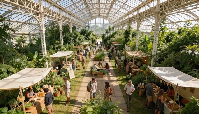 Conservatory market bustling with summer shoppers, artisan stalls, plants and local produce