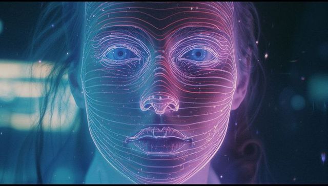 Futuristic neon contour projection on facial features