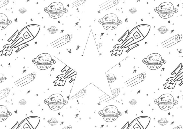Composition of cosmic drawings and star on white background. Printable coloring pages maker concept digitally generated image.