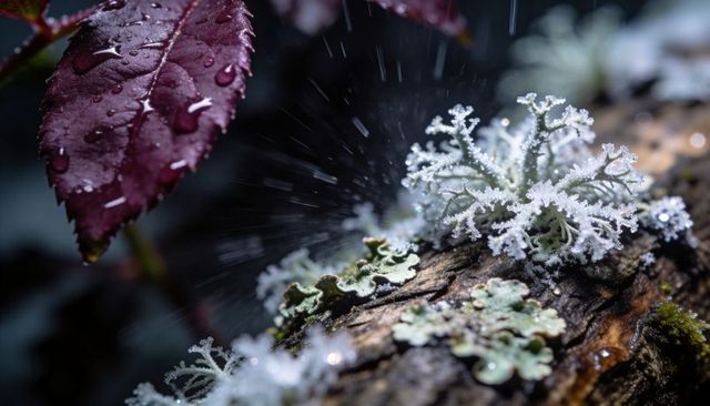 Frosted fruticose lichen clinging to mossy log, dewy purple leaf droplets, macro texture