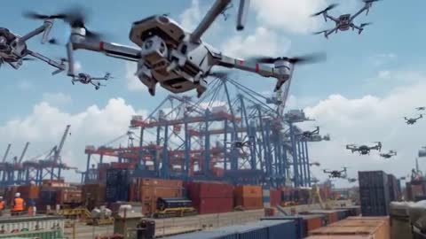 Drone Swarm Surveying Coastal Port Terminal with Cargo Containers and Gantry Cranes