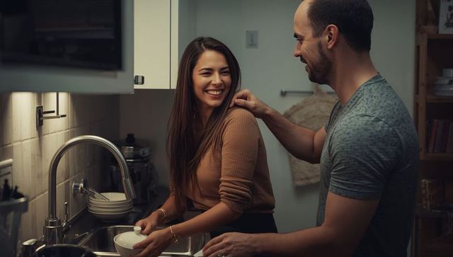 Couple sharing warm smile while washing dishes together in cozy modern kitchen