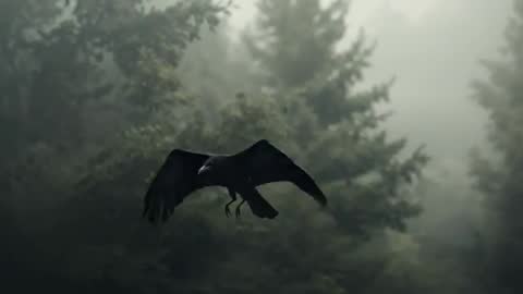 Raven Gliding Through Misty Coniferous Forest