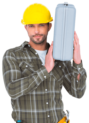 Caucasian construction worker holding toolbox transparent background