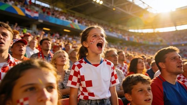 Young girl cheering in red white checkered jersey at sunlit stadium during football match