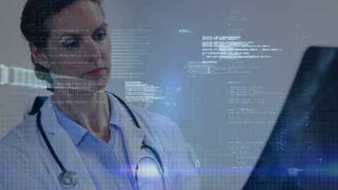 Caucasian Female Doctor Analyzing Computer Data Interface