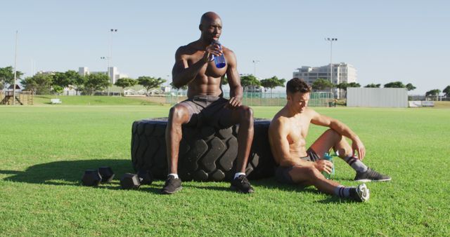 Two muscular men taking a break during an outdoor workout on a sunny day. They are sitting on a large tire and drinking water, surrounded by dumbbells on a grass field. Ideal for content related to fitness, workout routines, healthy lifestyles, hydration, athletic training, and outdoor activities.