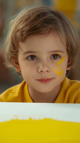 Boy Smiling and Painting Face with Yellow Paint at Art Table, Vertical Video