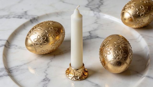Shimmering gold floral eggs surrounding ivory taper candle on marble charger