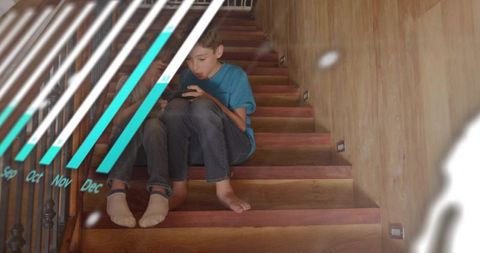 Brothers sharing smartphone on wooden stairs, cozy siblings bonding with digital overlay