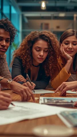 Team collaborating around table passing pen and revising plans vertical office brainstorming video