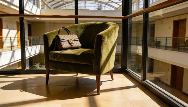 Sunlit olive green velvet armchair with designer brown handbag on chain in modern atrium