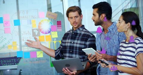 Presenting design brief and collaborating on marketing strategy with sticky notes