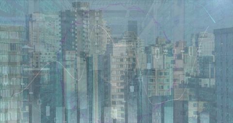 Complex financial analysis over corporate cityscape background