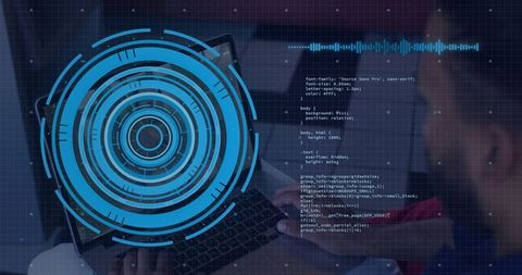 Developer typing on laptop with blue HUD code overlay and waveform interface