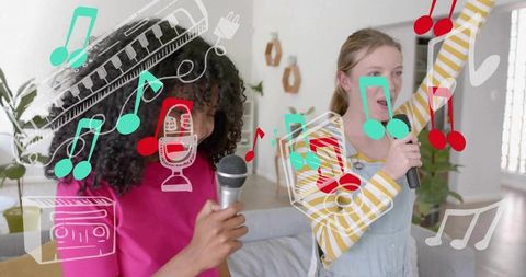 Teen girls singing duet at home with colorful music notes overlay, friendship fun