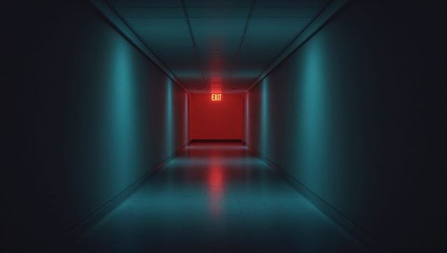 Futuristic Corridor with Red Exit Sign and Teal Lights