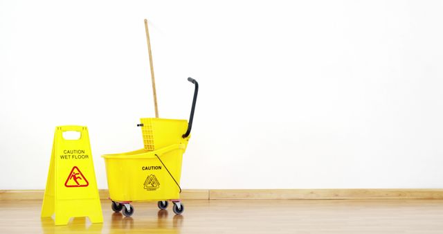 Yellow mop bucket with wringer and 'Caution Wet Floor' sign placed on wooden floor meeting safety standards. Useful for illustrating concepts of workplace safety, cleaning duties, janitorial services, and hygiene maintenance in commercial and domestic settings.