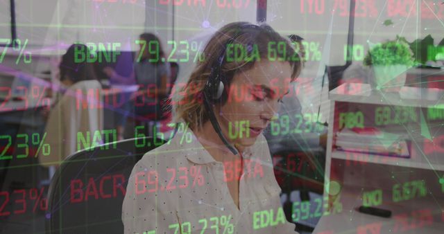 Businesswoman with Headset Analyzing Stock Market Data in Office - Download Free Stock Images Pikwizard.com