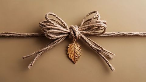 Elegant Twine Bow with Golden Leaf Pendant on Beige