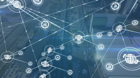 Digital Network Concept with Futuristic Cityscape Overlay