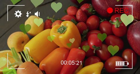 Fresh Fruits and Vegetables with Digital Heart Icons Overlay
