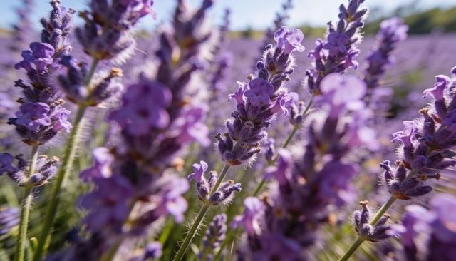 Sunlit lavender field macro capturing purple flower spikes glowing and blooming