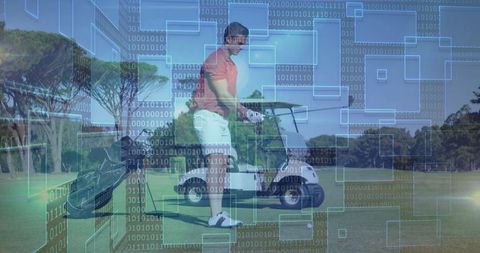 Golfer maneuvering on fairway with digital technology overlay