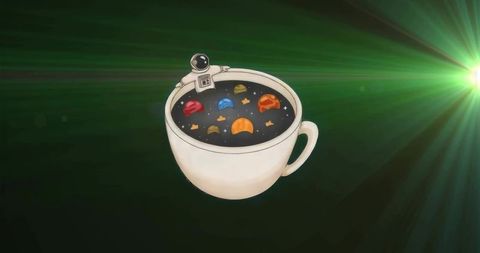 Astronaut in coffee space mug with planets on green background
