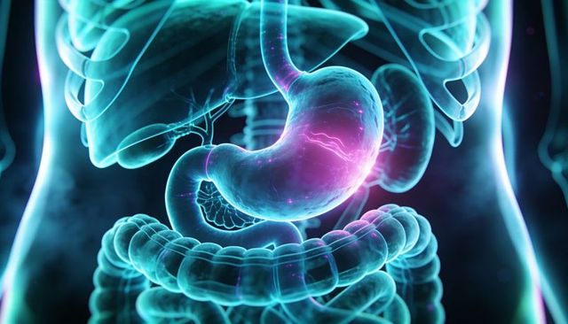 3D Translucent Torso Highlighting Pulsating Stomach and Digestive Tract Neon Anatomy