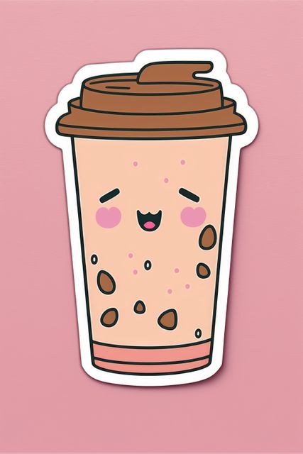 Composition of kawaii cartoon coffee sticker on pink background. Stickers and pattern concept digitally generated image.