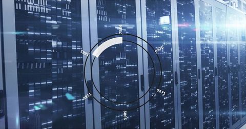 Modern Data Center with Holographic Overlay and Server Racks
