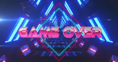 Retro game over neon banner with futuristic metallic tunnel