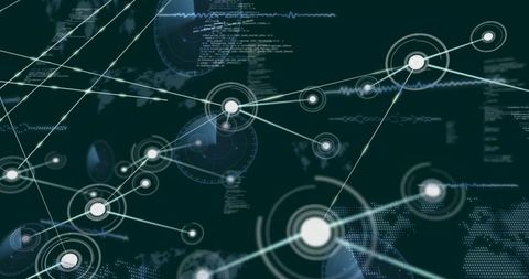 Holographic network of pulsing nodes connecting digital flow with futuristic data mesh