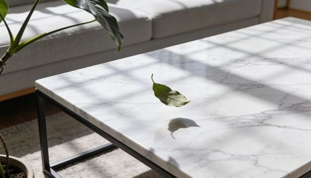Floating green leaf casting shadow on marble coffee table in sunlit minimalist living room