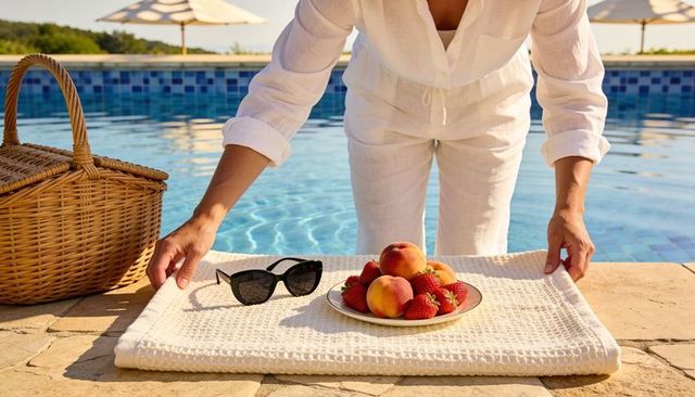 Woman placing towel on tiled pool deck wearing linen outfit with wicker basket and fruit