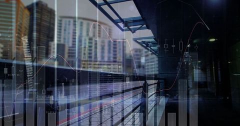 Modern Cityscape with Financial Graphs Overlay