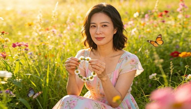 Asian woman in sunlit wildflower meadow holding daisy heart wreath, butterfly, pastel dress