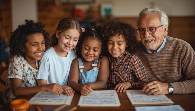 Happy Music Group Collaboration Between Elderly Man and Children