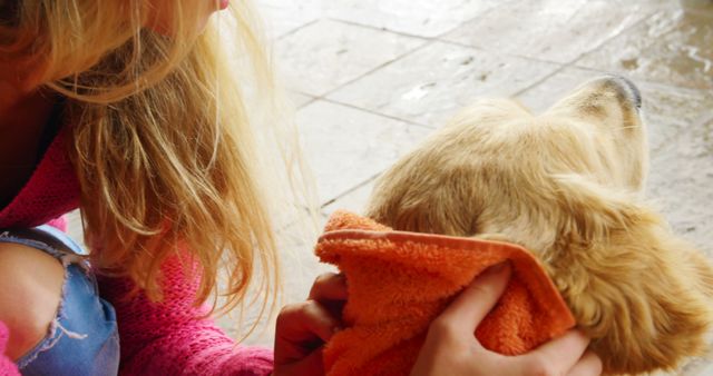 Young woman is drying her golden retriever with an orange towel on a wooden deck after a bath. The woman appears to be gently attending to the wet dog. This stock photo can be used in articles or blog posts related to pet grooming, daily pet care routines, or the bond between pet owners and their pets. Ideal for use in material for pet care products, grooming businesses, or veterinary services.