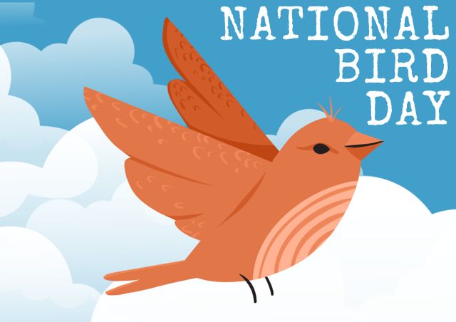 Digital composite image of national bird day text with songbird over blue sky and clouds. awareness and symbol.
