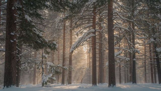 Sunlight streaming through snow-laden pine forest with misty sunbeams and tranquil winter calm