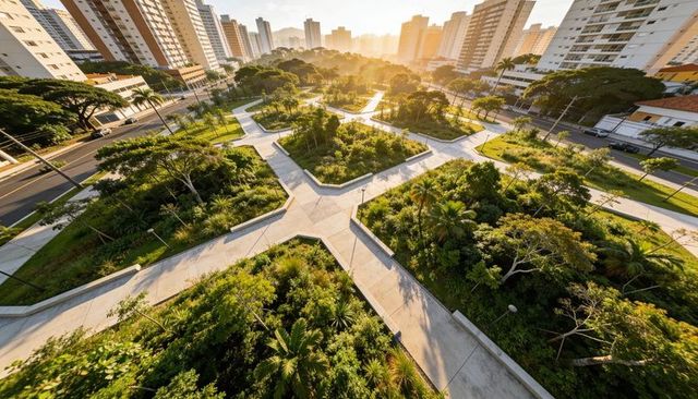 Sunlit geometric greenway median with palm trees and crossing walkways at golden hour